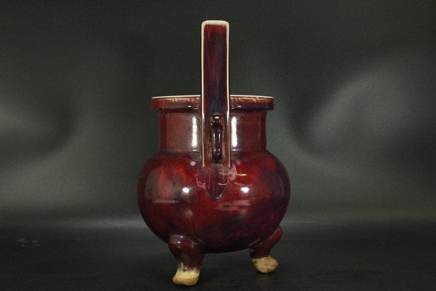 中国美術 鈞窯 紫斑釉 三足 双耳 香炉 高33.5cm(LC121)