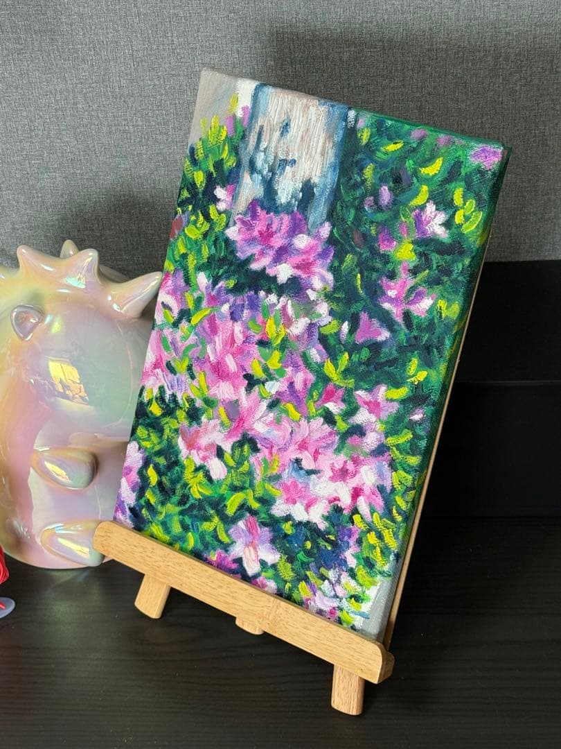 「陽光とツツジ」　手描き　油絵　風景画　原画　油彩画　印象派