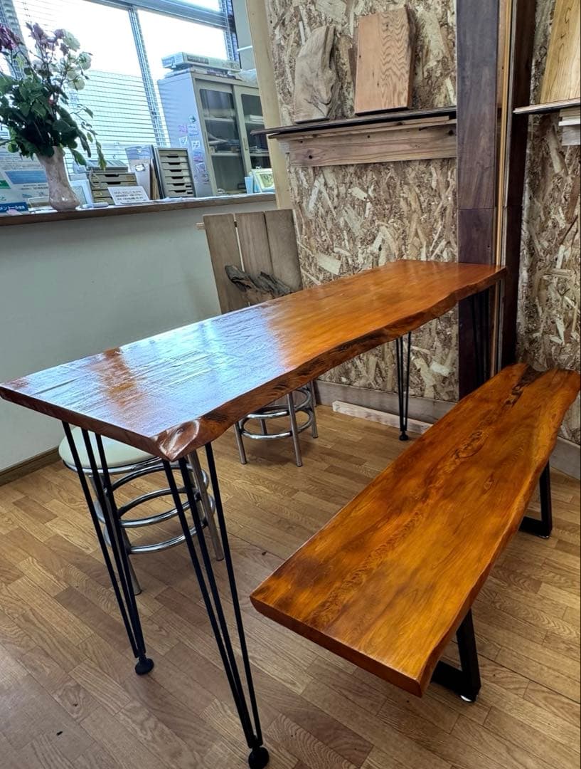 屋久杉一枚板テーブルウレタン塗装アイアン脚付