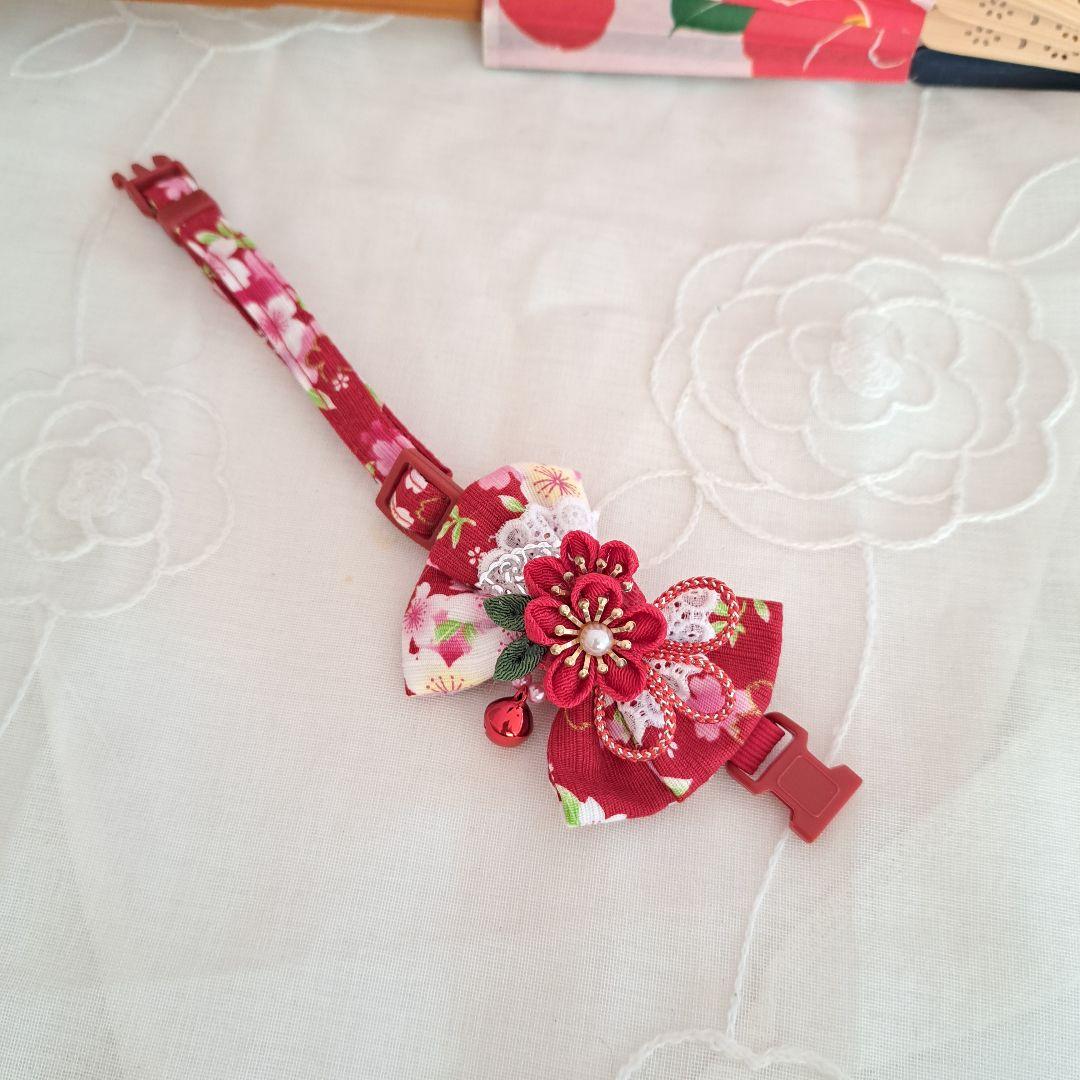 ダブルリボン、和風つまみ細工(黒×赤)わんちゃん猫ちゃん用首輪 和風つまみ