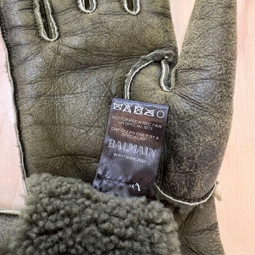 BALMAIN 14AW ムートン グローブ 手袋 レザー カーキ