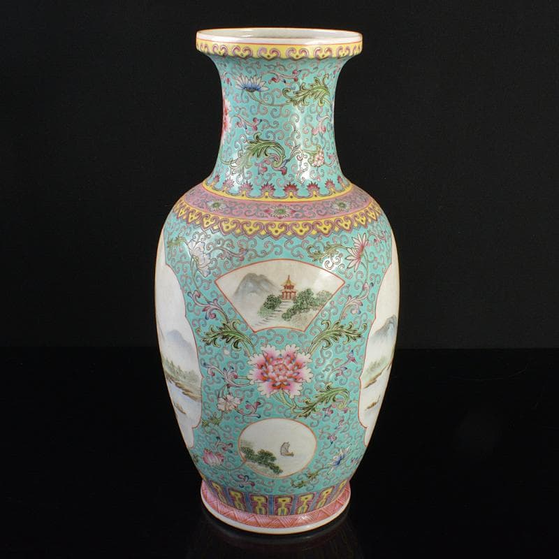 中国 中国景徳鎮製款 粉彩 花弁山水文盤口瓶 M