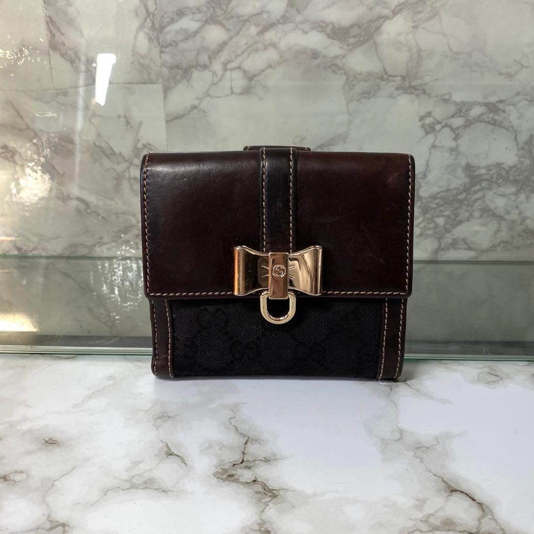 GUCCI グッチ 二つ折り財布 GG ブラウン キャンバス リボン コンパクト