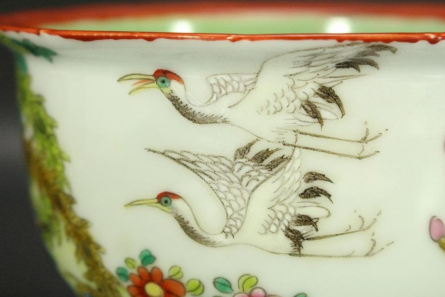 中国美術 粉彩 花鳥紋 珊瑚釉 遊高台 洗 φ14cm 光緒年製(LC255)