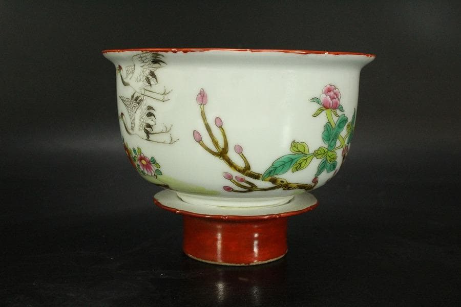 中国美術 粉彩 花鳥紋 珊瑚釉 遊高台 洗 φ14cm 光緒年製(LC255)