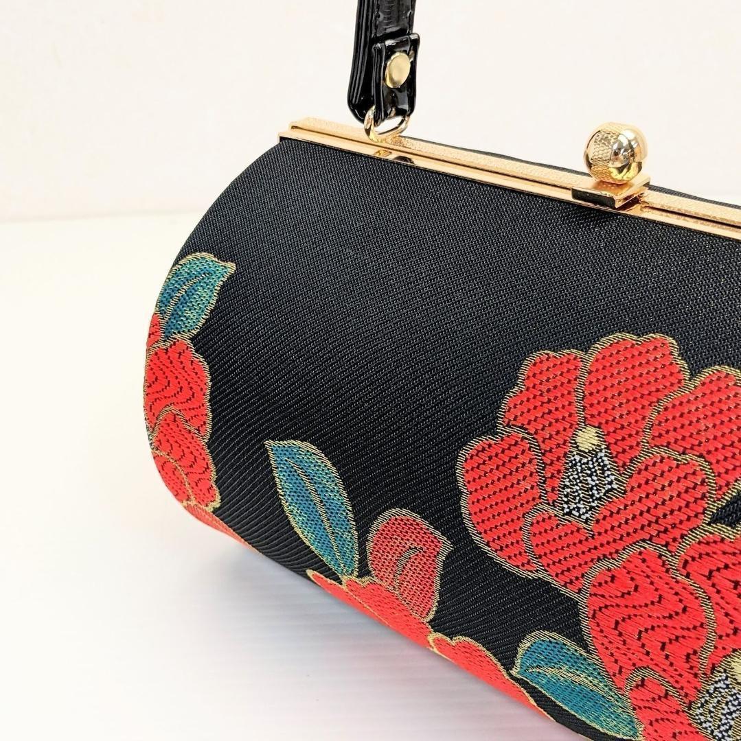 和装 草履バッグセット 振袖用 帯地 黒 椿 フリー w22-10