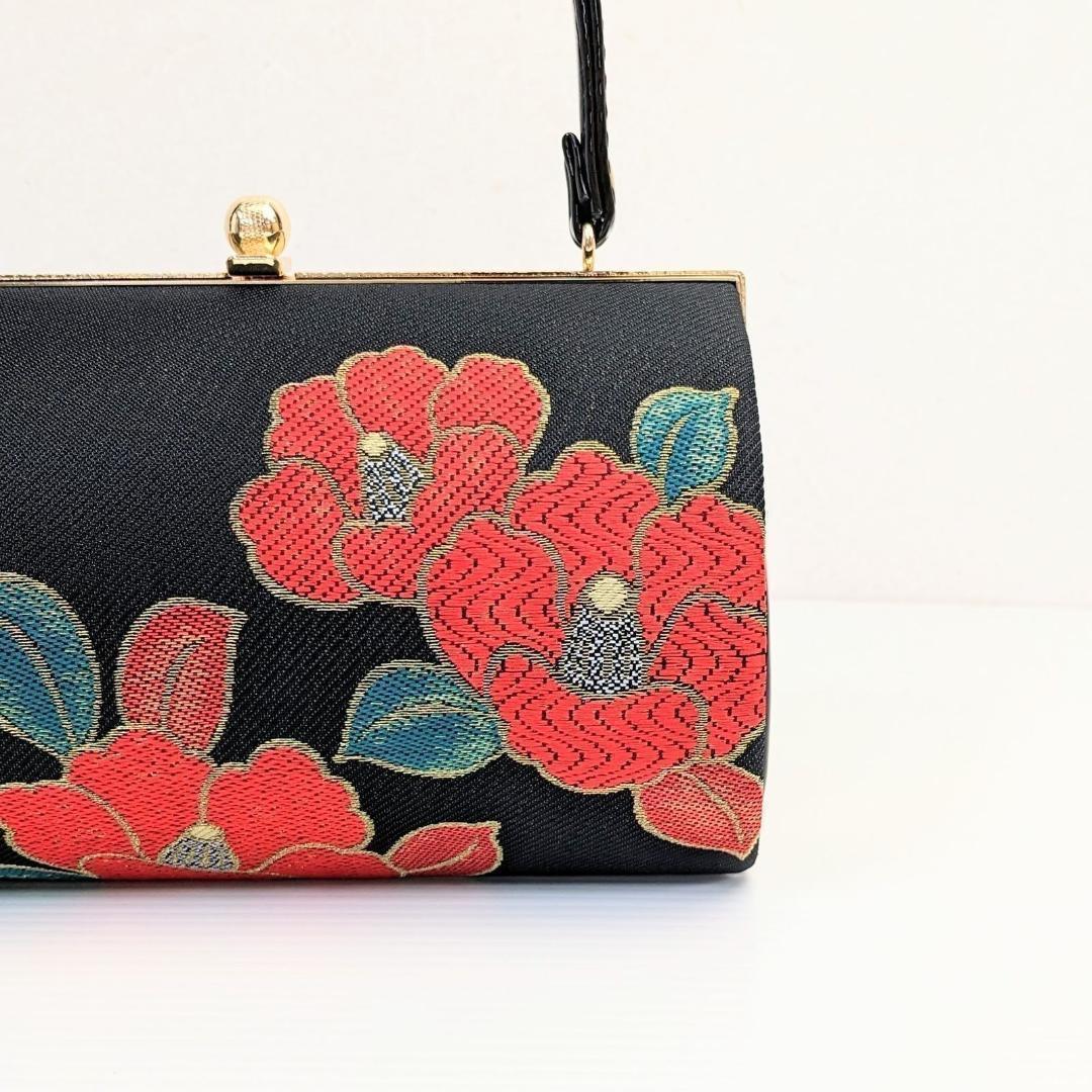 和装 草履バッグセット 振袖用 帯地 黒 椿 フリー w22-10