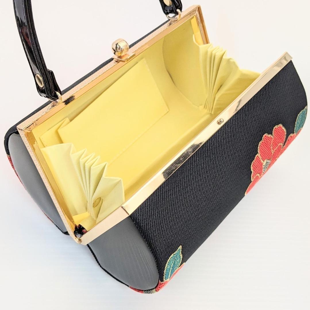 和装 草履バッグセット 振袖用 帯地 黒 椿 フリー w22-10