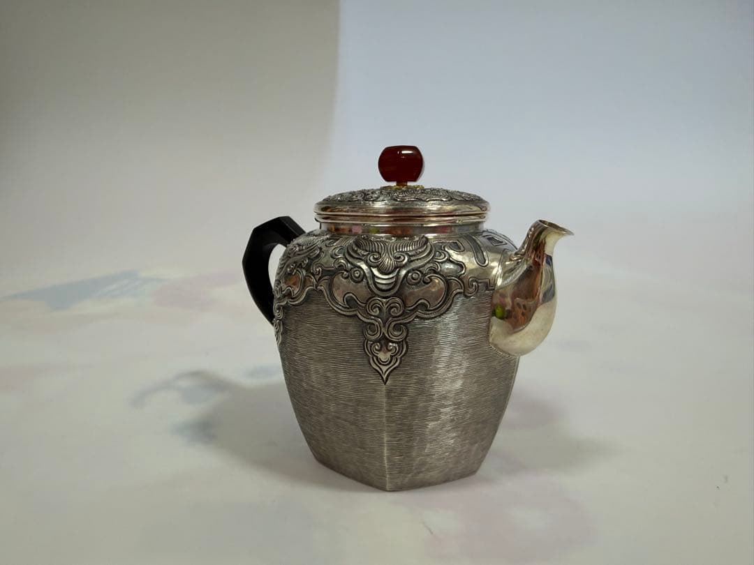 純銀製 六面取 饕餮文 玉石摘 急須 銀瓶 煎茶道具