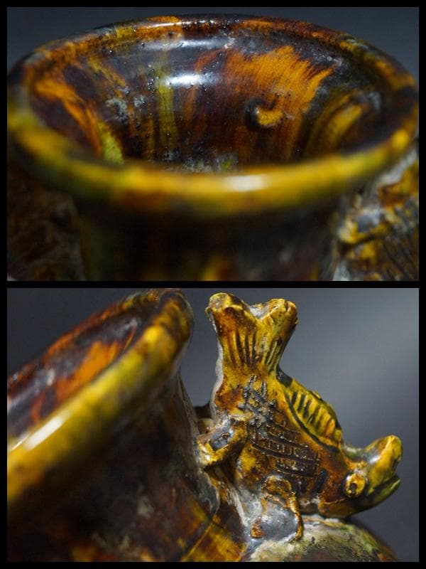 清 古交趾香炉 魚耳双耳 三つ足 箱付 茶事/茶道具☆