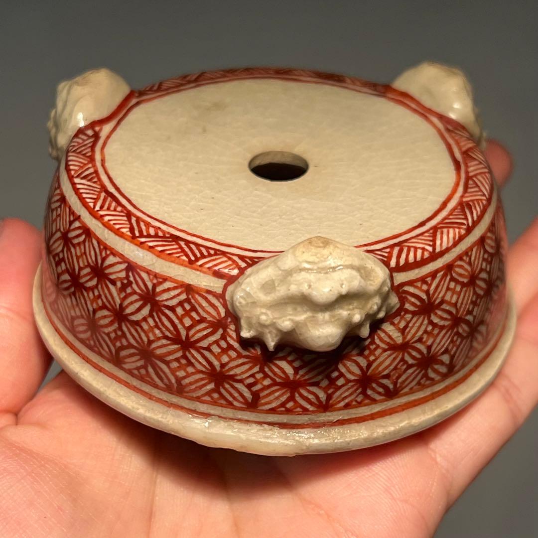 812.佐野大助 赤繪模様紋兽足丸 盆栽鉢 模木鉢 9.7*