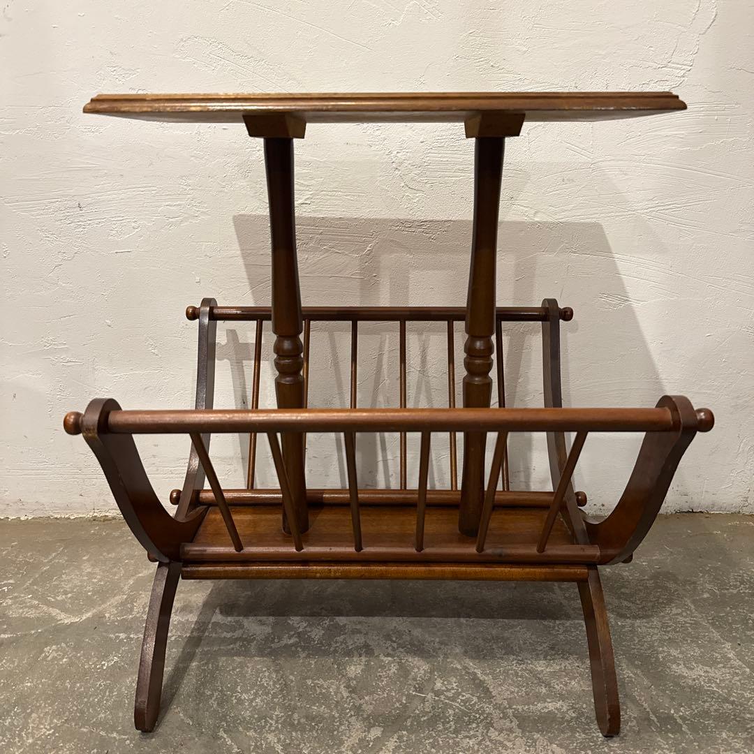 ヴィンテージ 木製サイドテーブル マガジンラック付き