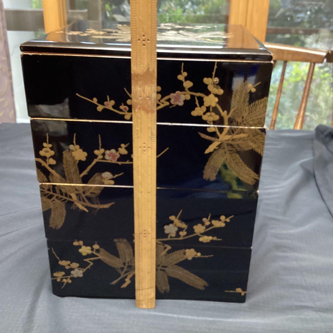 蕎麦好き粋人 欅3段重箱 茶道具 会席骨董品 木製漆器 幕末期〜