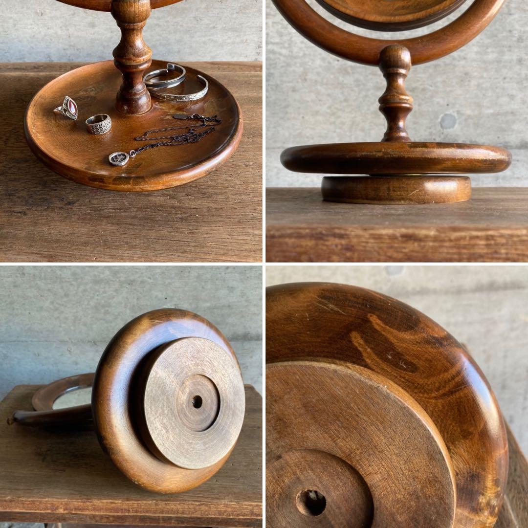 古い味のある卓上鏡 鏡台 ミラー 木製 回転式 丸型 民藝 レトロ