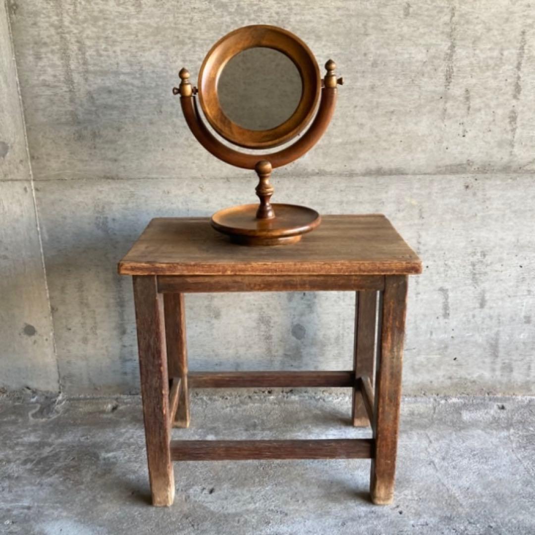 古い味のある卓上鏡 鏡台 ミラー 木製 回転式 丸型 民藝 レトロ