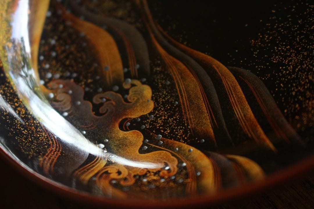 極小傷あり！時代紅溜塗に極上研ぎ出し波濤蒔絵の映えるお椀2点（検加賀蒔絵雑煮椀