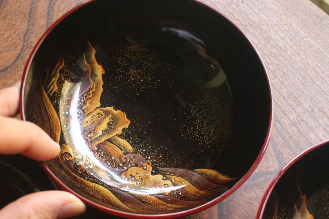 極小傷あり！時代紅溜塗に極上研ぎ出し波濤蒔絵の映えるお椀2点（検加賀蒔絵雑煮椀