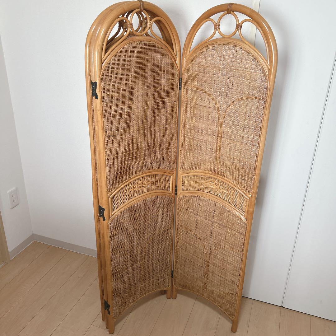 ラタン 4連 パーテーション 間仕切り 衝立 レトロ 昭和レトロ