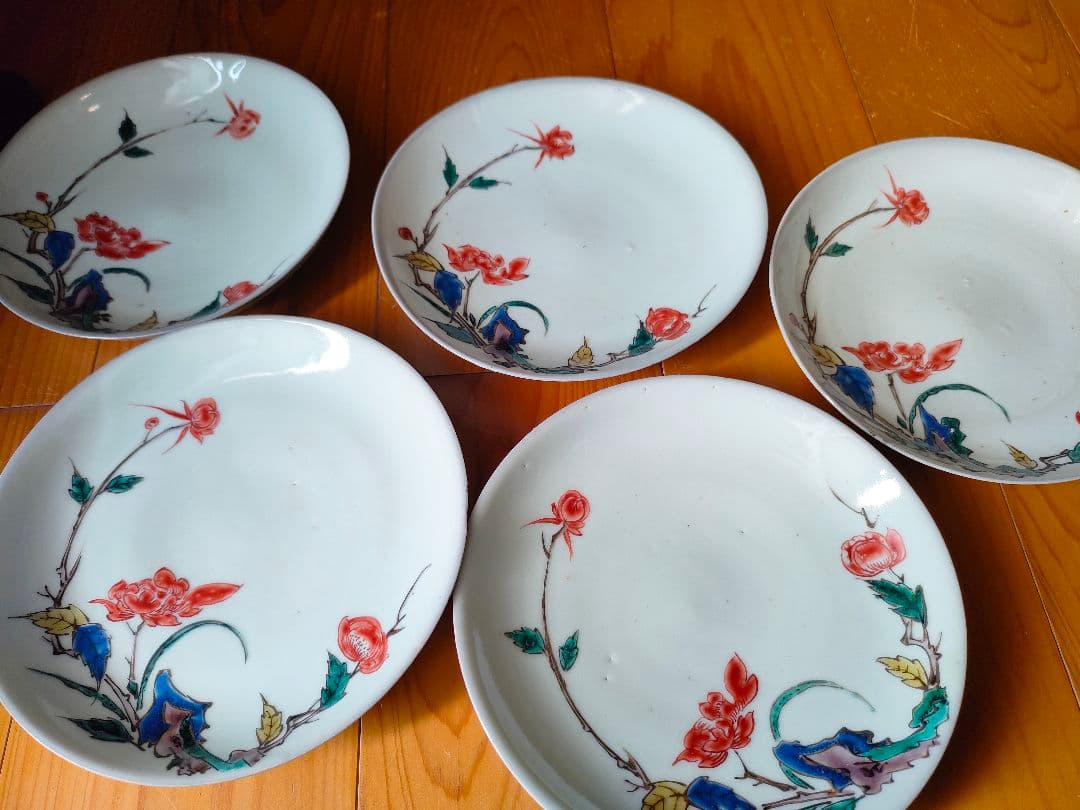 武】古九谷五彩手花柄文五寸皿本物5客