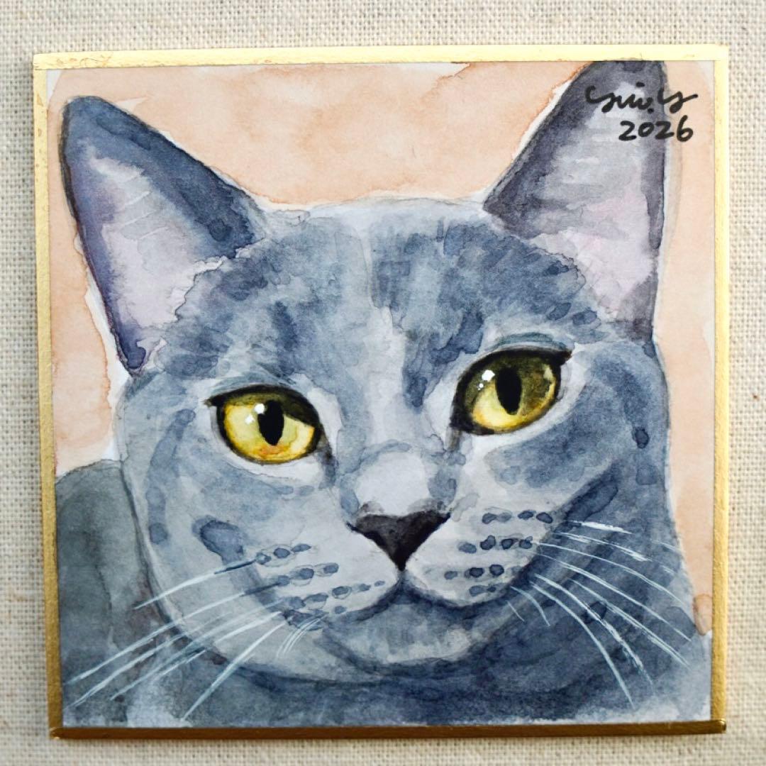 猫の絵 403 水彩画 原画 ミニ色紙 豆色紙 グレー猫 - メルカリ