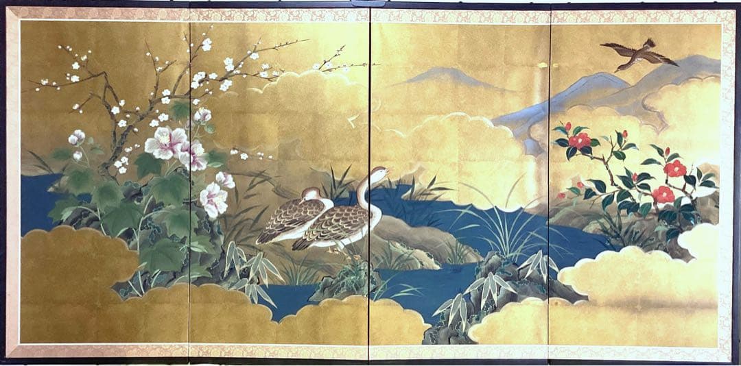四つ折り屏風 日本画 金箔彩色 『鴨に梅・芙蓉』 - メルカリ