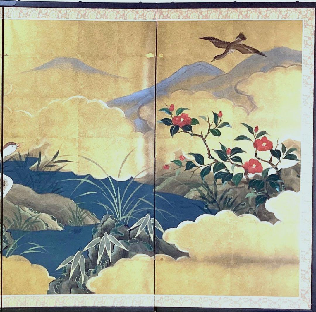 四つ折り屏風 日本画 金箔彩色 『鴨に梅・芙蓉』 - メルカリ