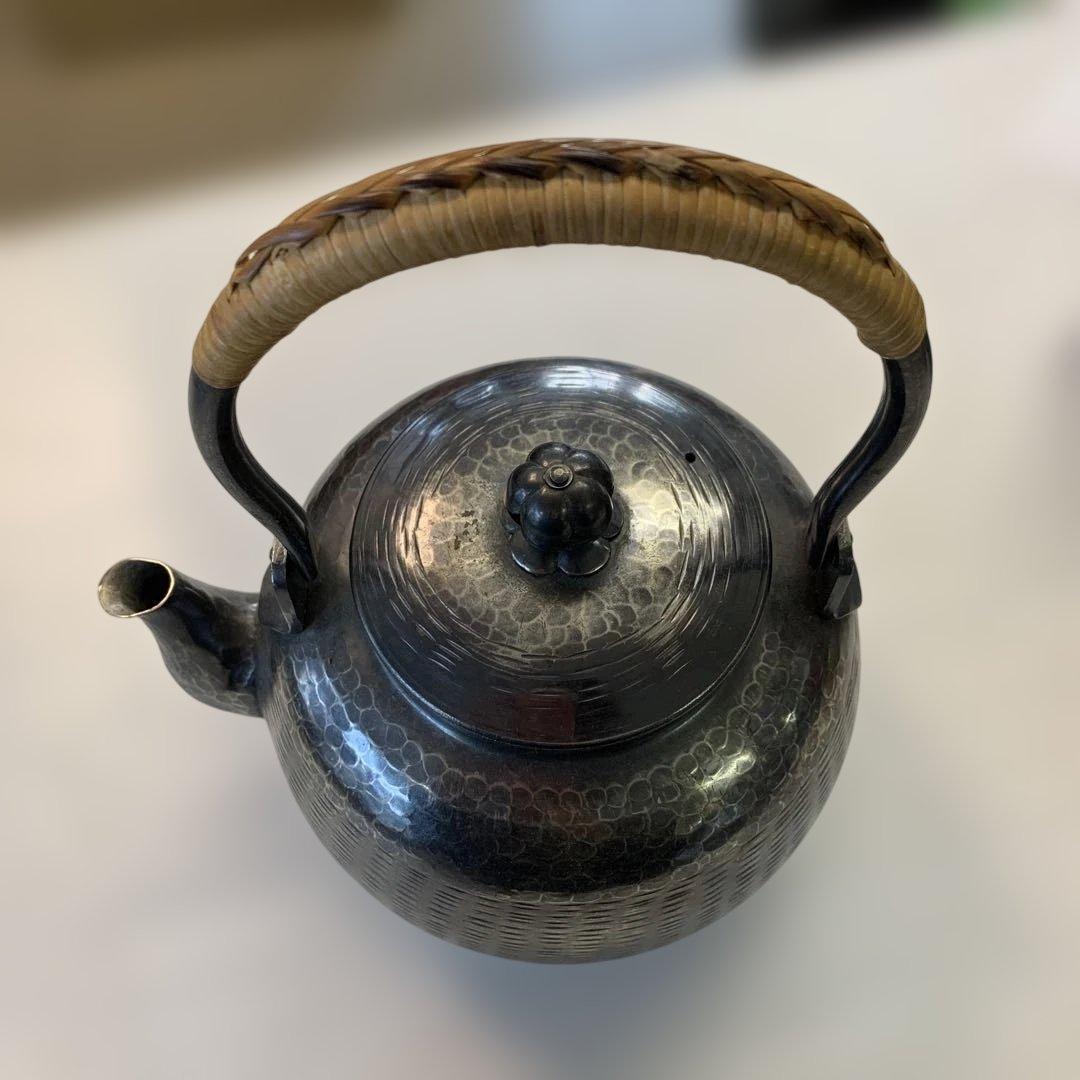 yo-83】煎茶道具 鉄瓶 銀瓶 竹製ハンドル 昭和レトロ 銀製 急須 燻し銀