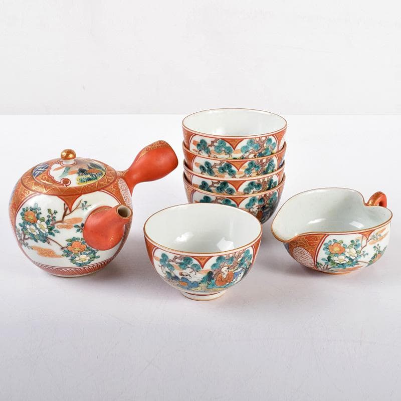 煎茶道具 九谷焼宝瓶茶器セット 庄三風 手描き山水図 時代物 旧家蔵出美品