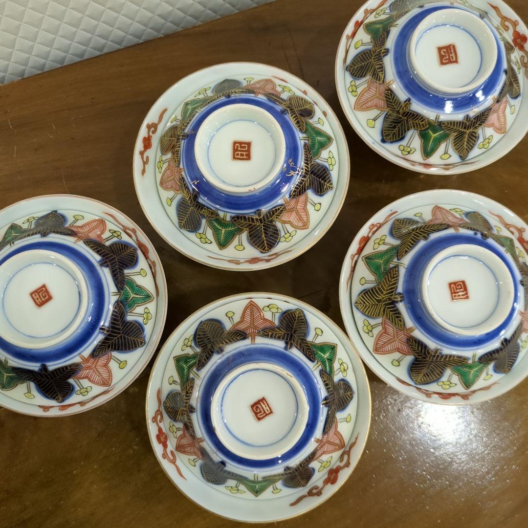 骨董 蓋茶碗 茶碗 陶器 色絵 煮物椀 向付 アンティーク 5つ〜