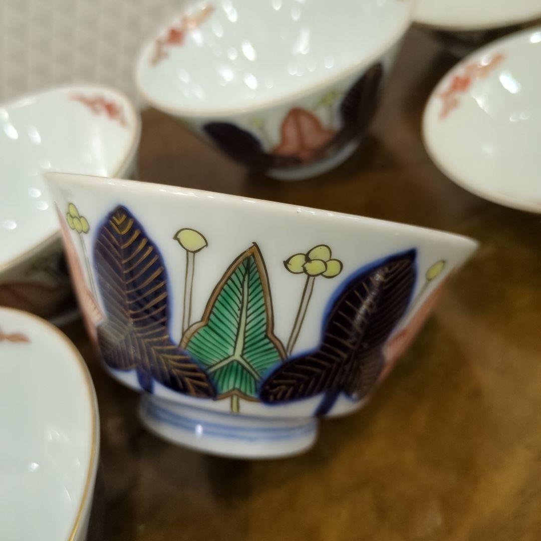 骨董 蓋茶碗 茶碗 陶器 色絵 煮物椀 向付 アンティーク 5つ〜