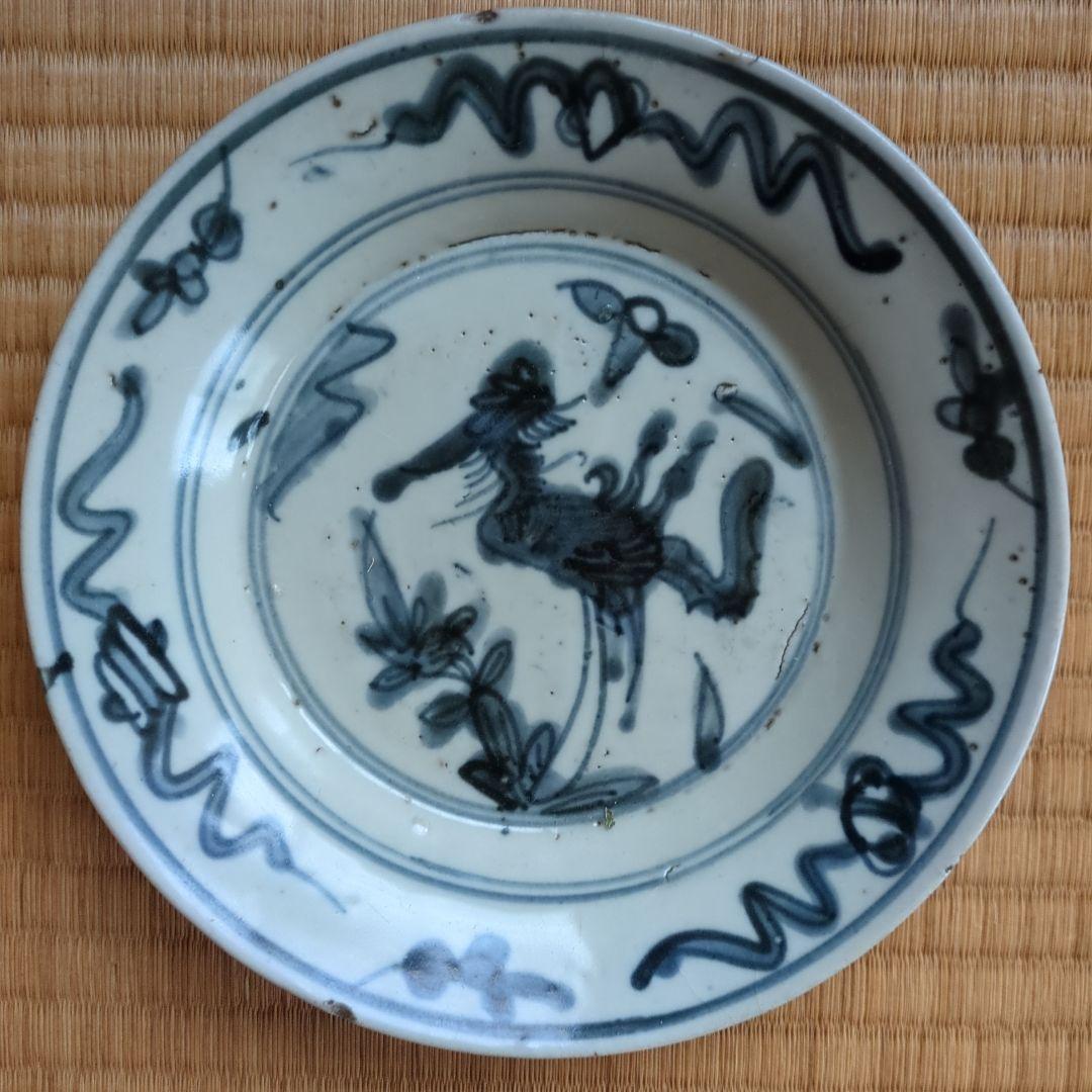 青い絵付けの陶器製平皿 呉須手 皿 骨董品