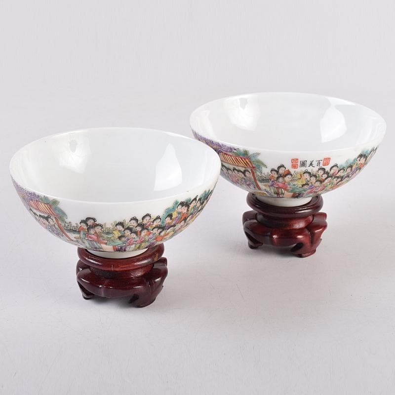 中国 大清光緒年製 粉彩 百美図 茶碗 一對 唐木台付 M R8899 - メルカリ