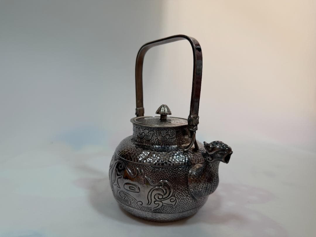 純銀製 獣口 饕餮文 湯沸 銀瓶 煎茶道具