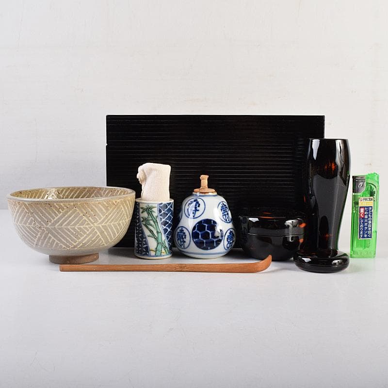 茶道具 糸目塗分 利休茶箱 膳所焼 三島茶碗 棗など 八点 一式