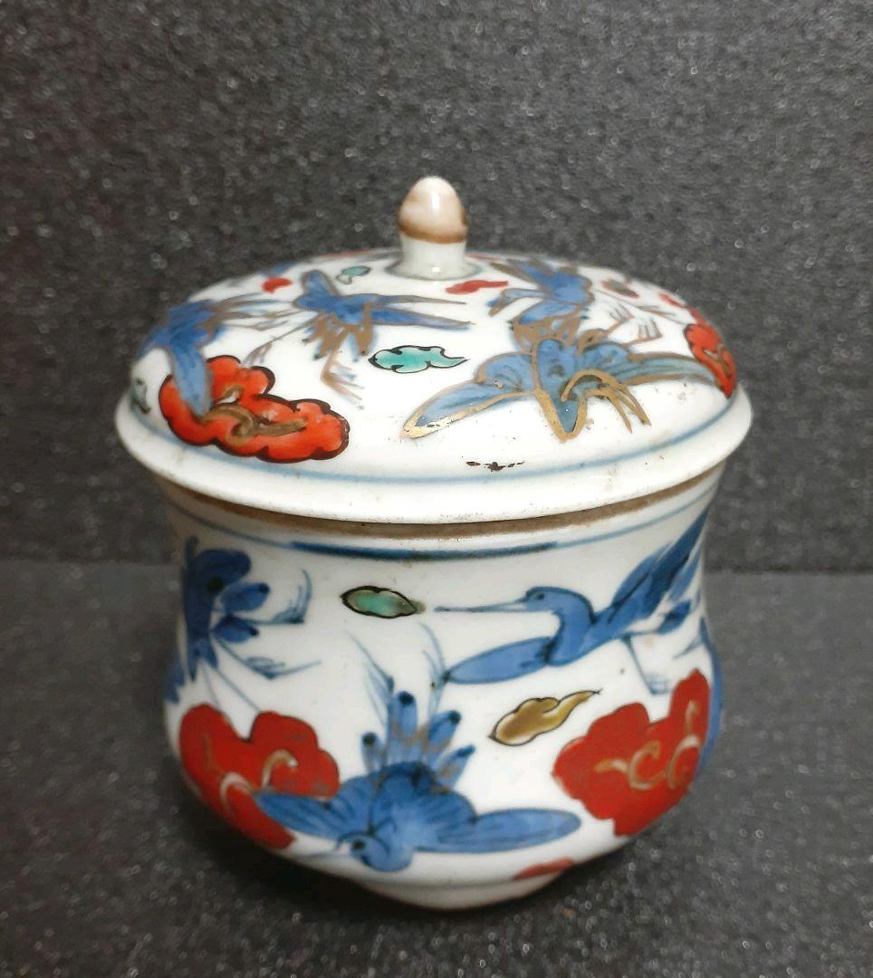 最も安い 江戸時代後期 古伊万里 染錦 雲鶴 15羽図 蓋付 キャンディー