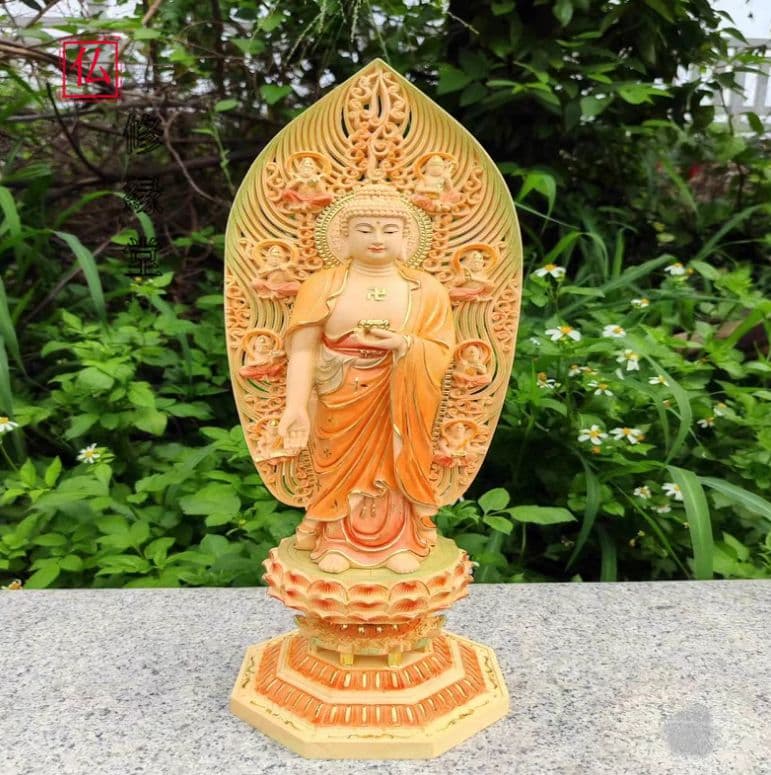 修縁堂】仏教工芸品 彩繪 金箔 釈迦牟尼 仏教美術 置物 仏壇 仏像