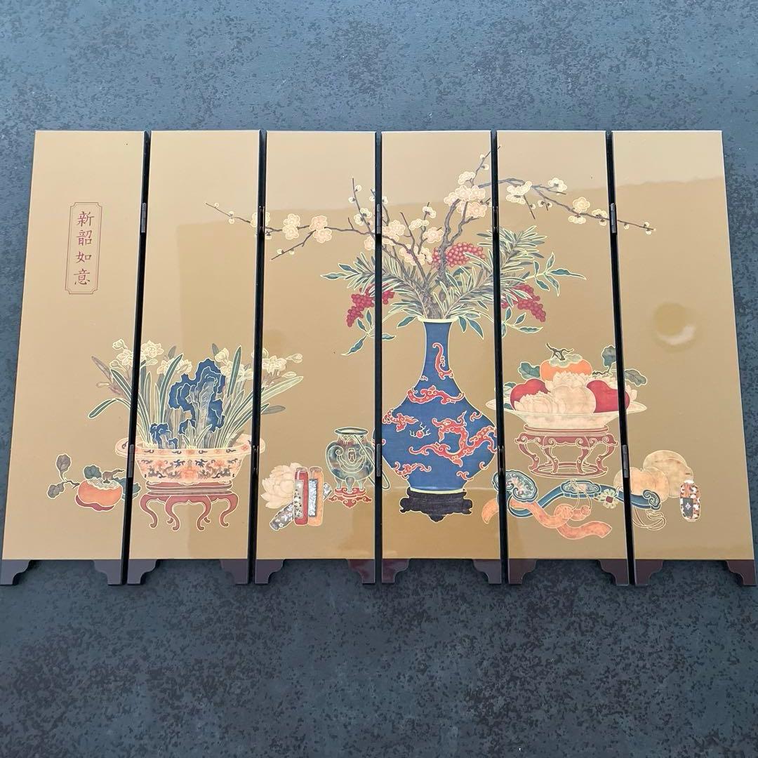 中国美術品 故宮博物院文物遺跡品 金色の花瓶デザイン折りたたみ屏風 漆器