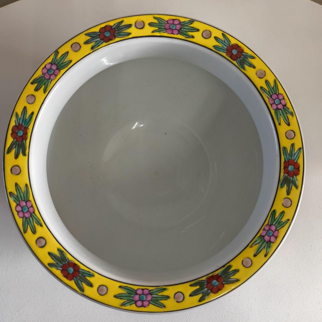 手描き鉢 鳥と花柄 黄色 置物 美術品 アンティーク 珍品 昭和レトロ 睡蓮鉢