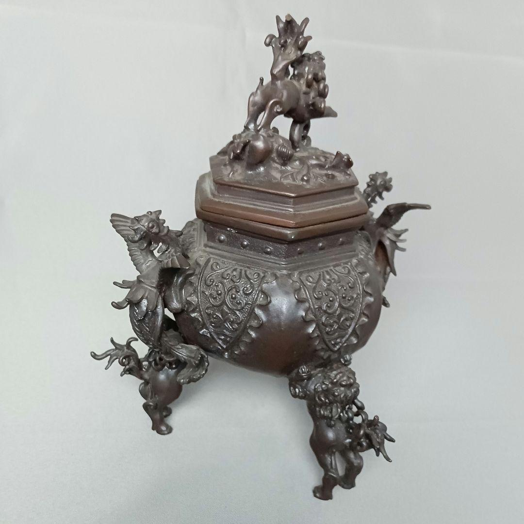 高岡銅器 二上元威 蝋型鋳銅 唐獅子 鳳凰香炉 銅香炉