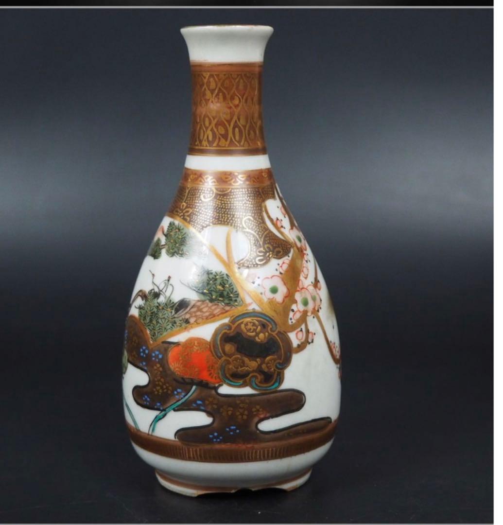 送料無料　明治～大正　古い九谷焼　松鶴梅図徳利一対　本金使用