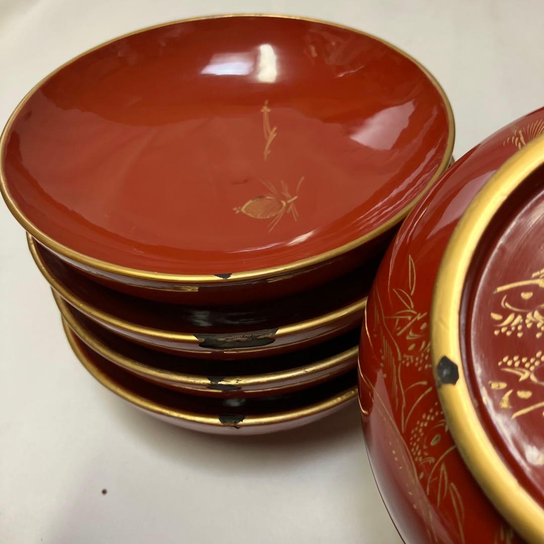 大正時代　木製漆器　蓋付汁椀　10客　菓子椀　松竹梅　漆沈金蒔絵 木箱付　雑煮椀