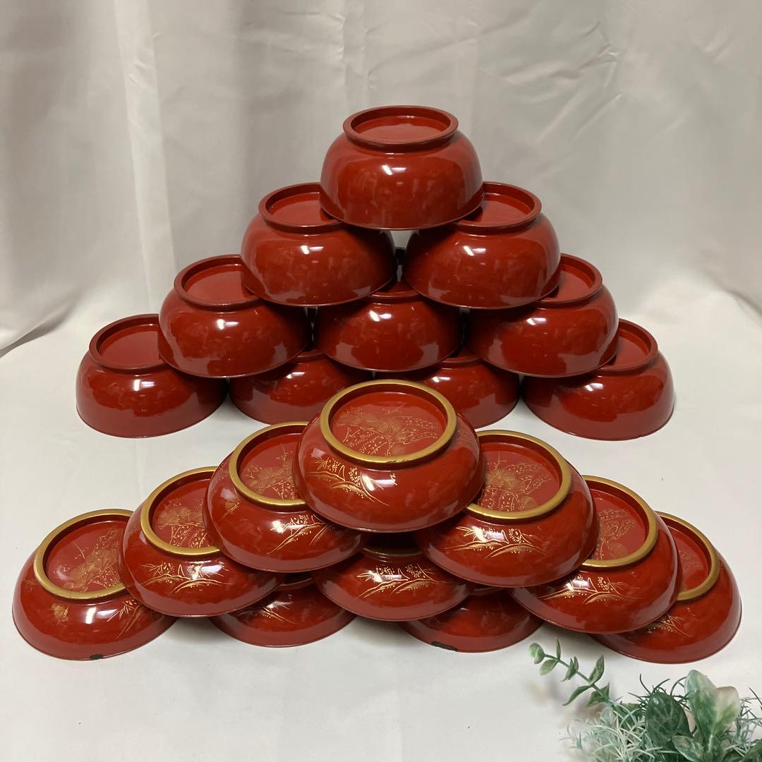 大正時代　木製漆器　蓋付汁椀　10客　菓子椀　松竹梅　漆沈金蒔絵 木箱付　雑煮椀