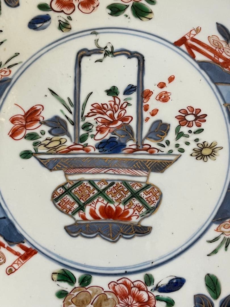 希少清朝初期 康熙年間 五彩 桜花輪花八寸皿 花籠 中国古玩