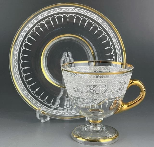 希少】白レース ハンドル付き 盛り上げ グラス カップ ソーサー