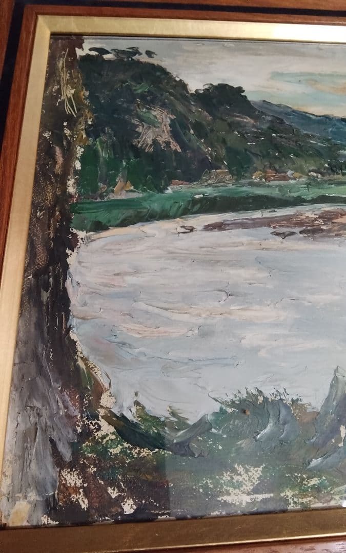 萩谷巌 板に油彩F4河原風景巨匠サロン・ドートンヌ審査員美術年鑑1