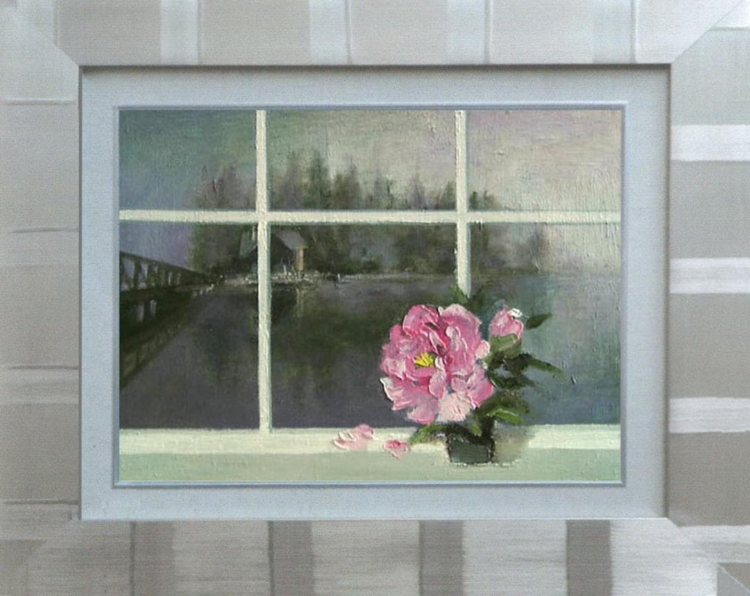 油絵 菅家令子 絵 絵画インテリア 額付(青緑＋金色の枠) F4-070602花