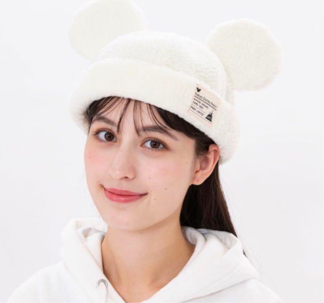 東京ディズニーリゾート☆コーデュロイ&ボア耳付きキャップ☆白