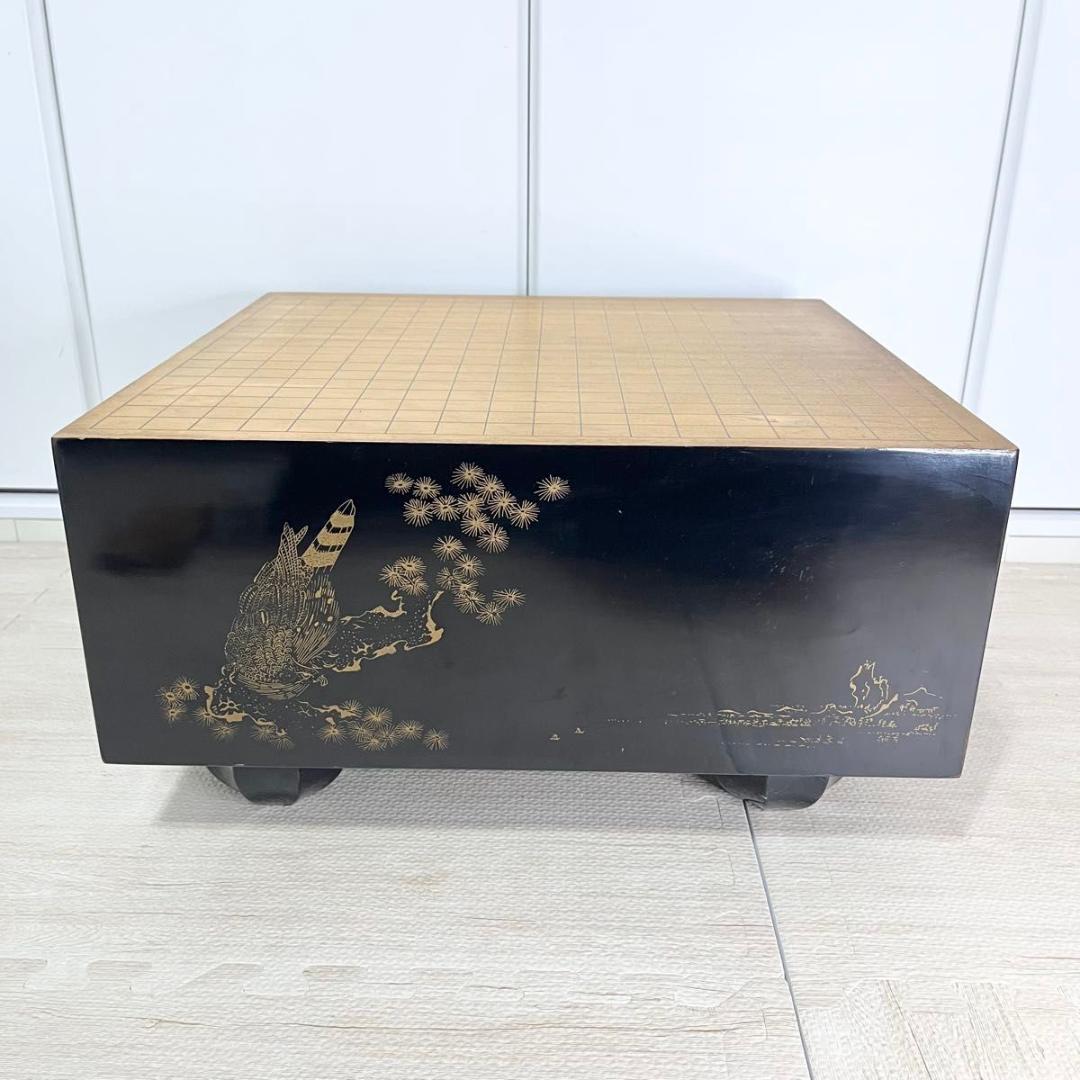 碁盤 黒漆塗 金蒔絵 鷹 松 柾目 高級 6寸盤 厚さ18㎝