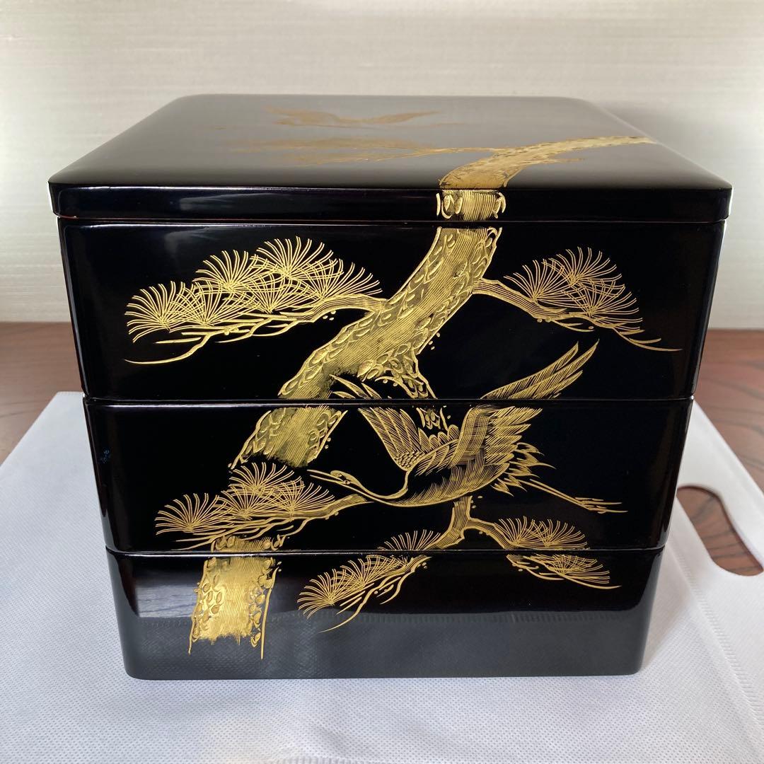 三段お重箱 松鶴金色画 高級漆器木製