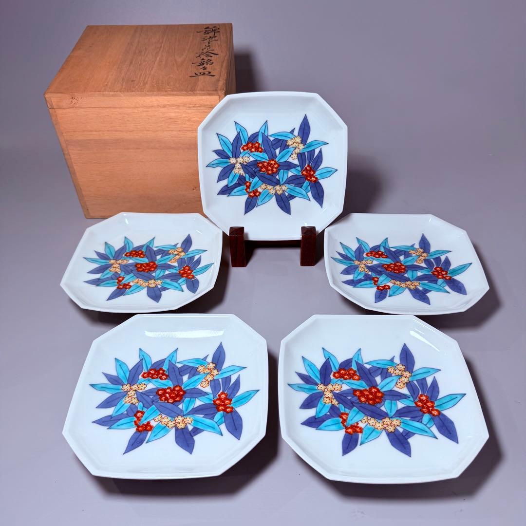 人間国宝今泉今右衛門錦沈丁花絵銘々皿八角形共箱高級ライン日本料理